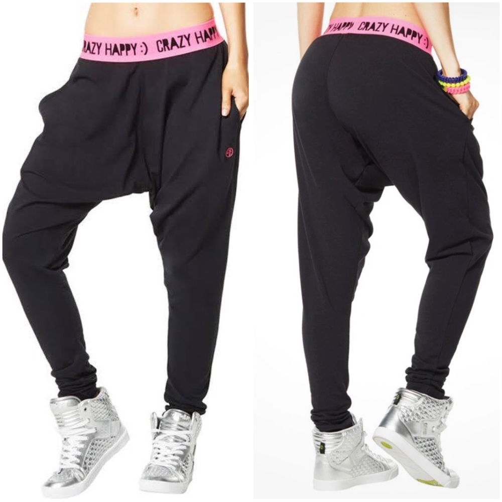 Zumba Fitness Crazy Happy Black Harem Dance Pants sz M NWOT